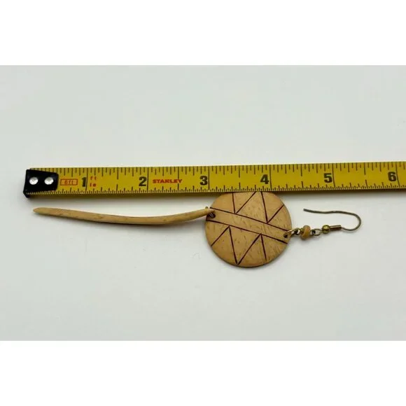 Vintage Handcrafted Wood Dangle Earrings Tribal Inspired Lightweight Nature - Picture 3 of 6